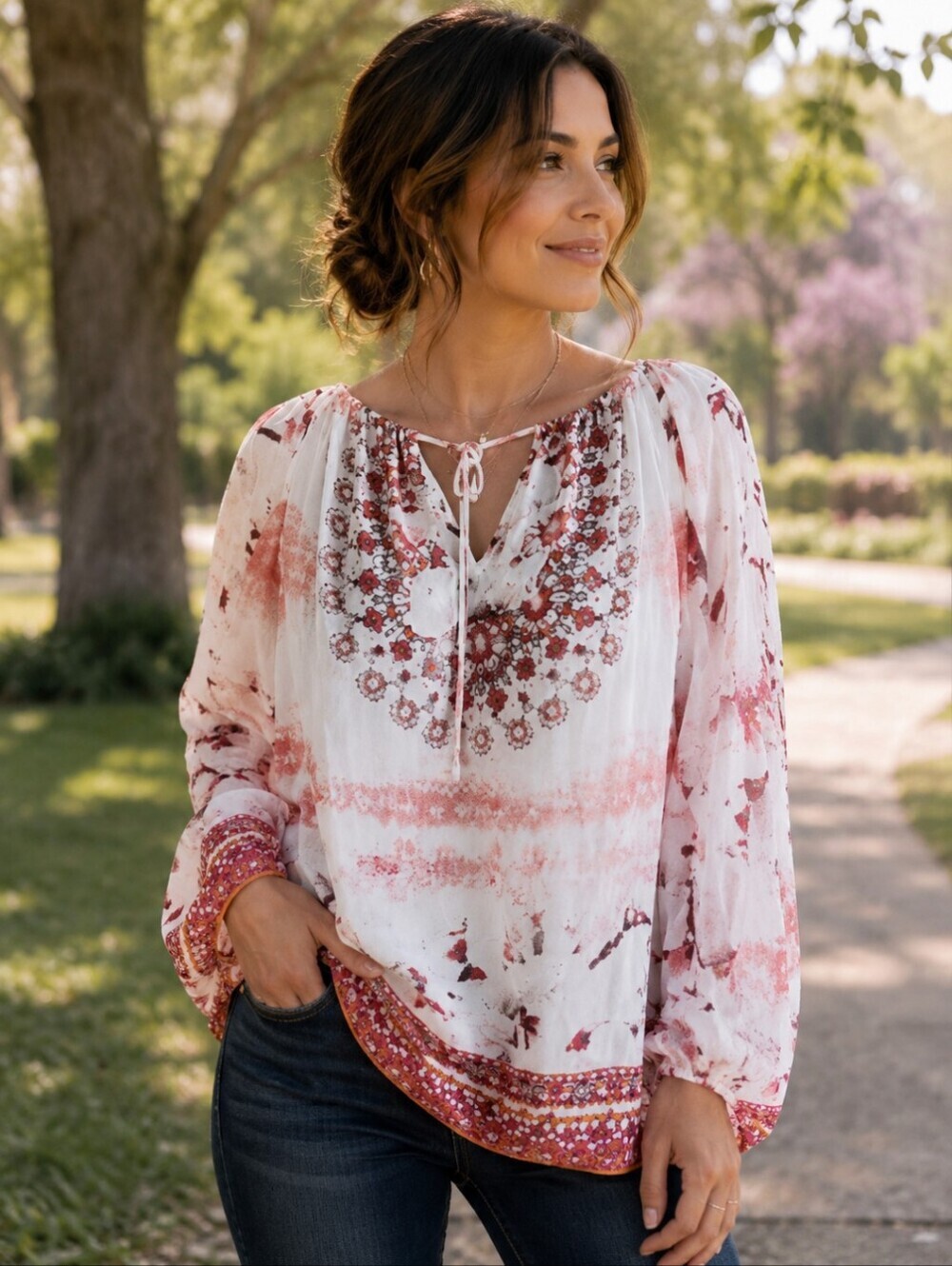 Jennifer Lopez 1X Boho Embellished Semi Sheer Chiffon Peasant Blouse Long Sleeve